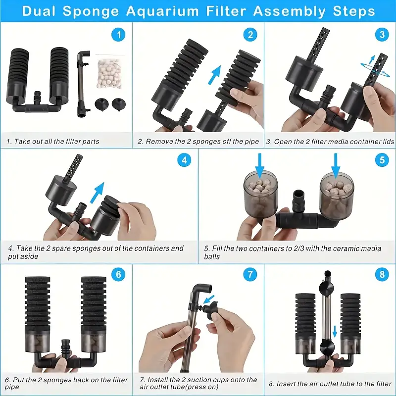 Filtro Per Acquario Asfrode 6W - 500 L/h, Con Spugna, 2 Uscite, Silenzioso, Per Vasche 35-80 Litri - Foto 5