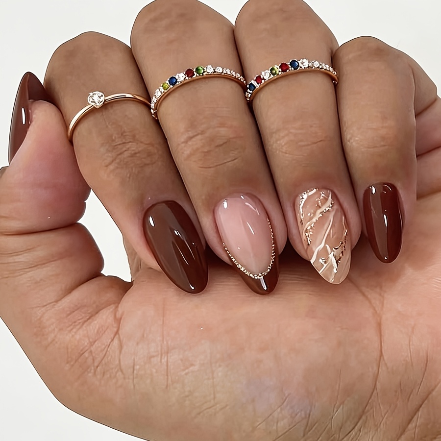 TEMU 24pcs Brown Teardrop-shaped Women'-on Nails With Golden Glitter Edging, Glossy Fake Nails With Jelly Adhesive Tabs, Reusable Artificial Nails,