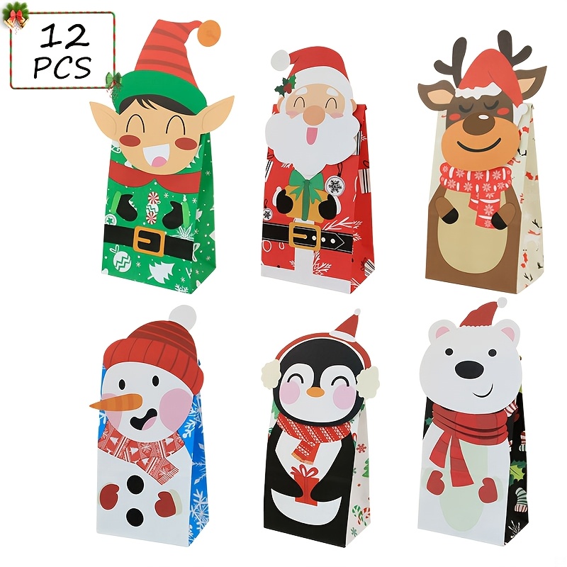 TEMU Lot de 12 sacs cadeaux en papier à personnages de Noël, sacs de fête Père Noël, , , de neige, , , sacs en papier de décoration de fêtes pour