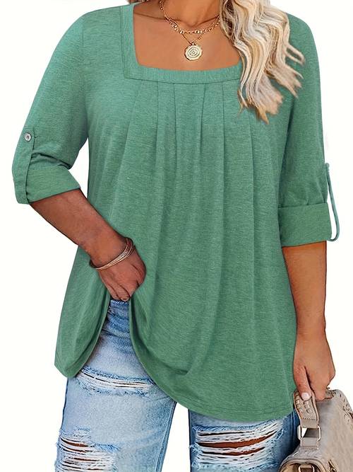 plus size womens square neck long sleeve tunic top casual loose fit stretchy blouse with button detail solid color t shirt hand wash only apparel clothing