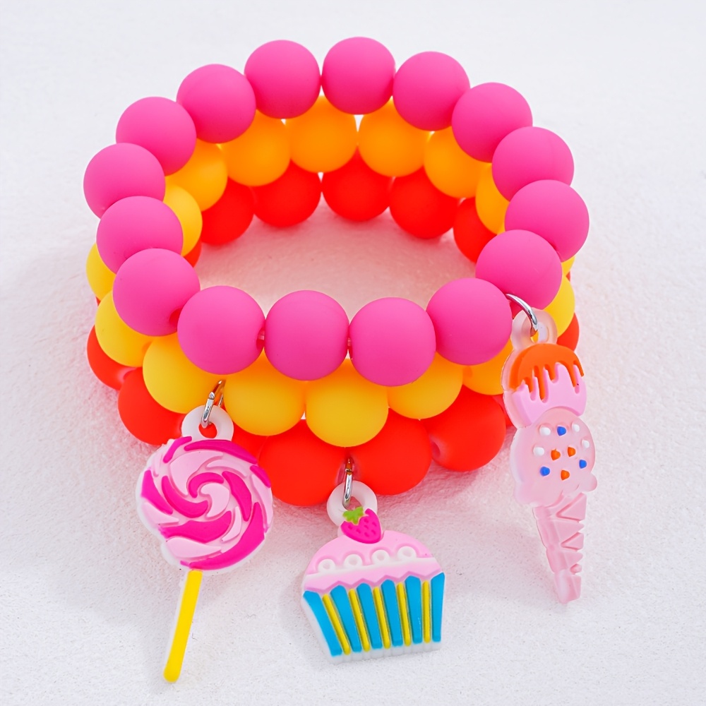 TEMU 3pcs Cute Pendant Stretch Bracelets For Girls, Fashion Creative Friendship Bff Jewelry Set, Party Festival Music Birthday Gift For Daughter