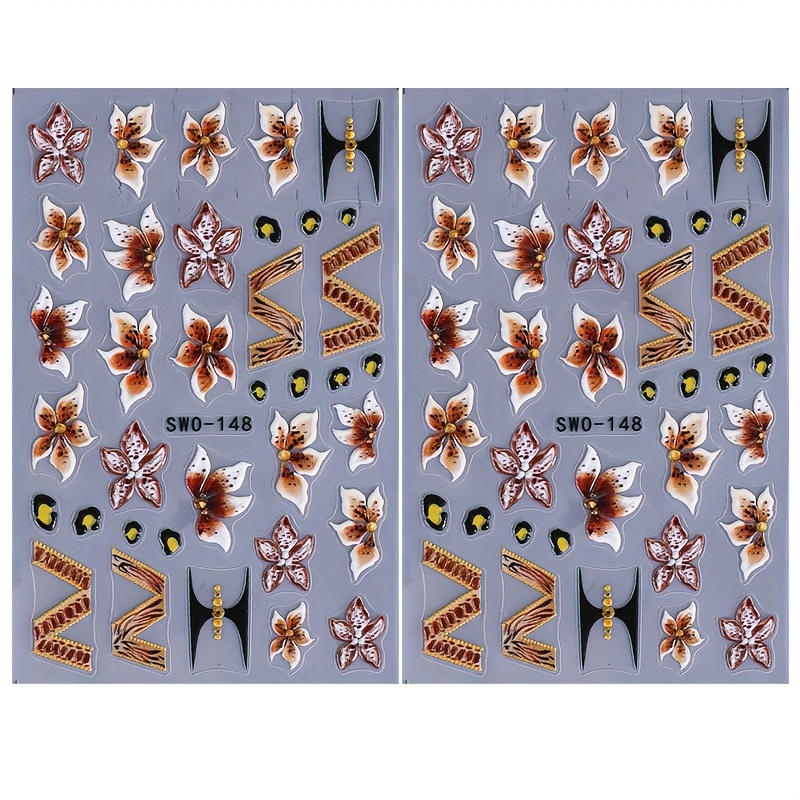 Image of 2 Sheets 5d Embossed Floral & Leopard Print Nail Stickers - Self-adhesive 3d Nail Decals Suitable For Women, Diy Nail Art With Autumn/winter Patterns, Plastic Embellishments For Salon &