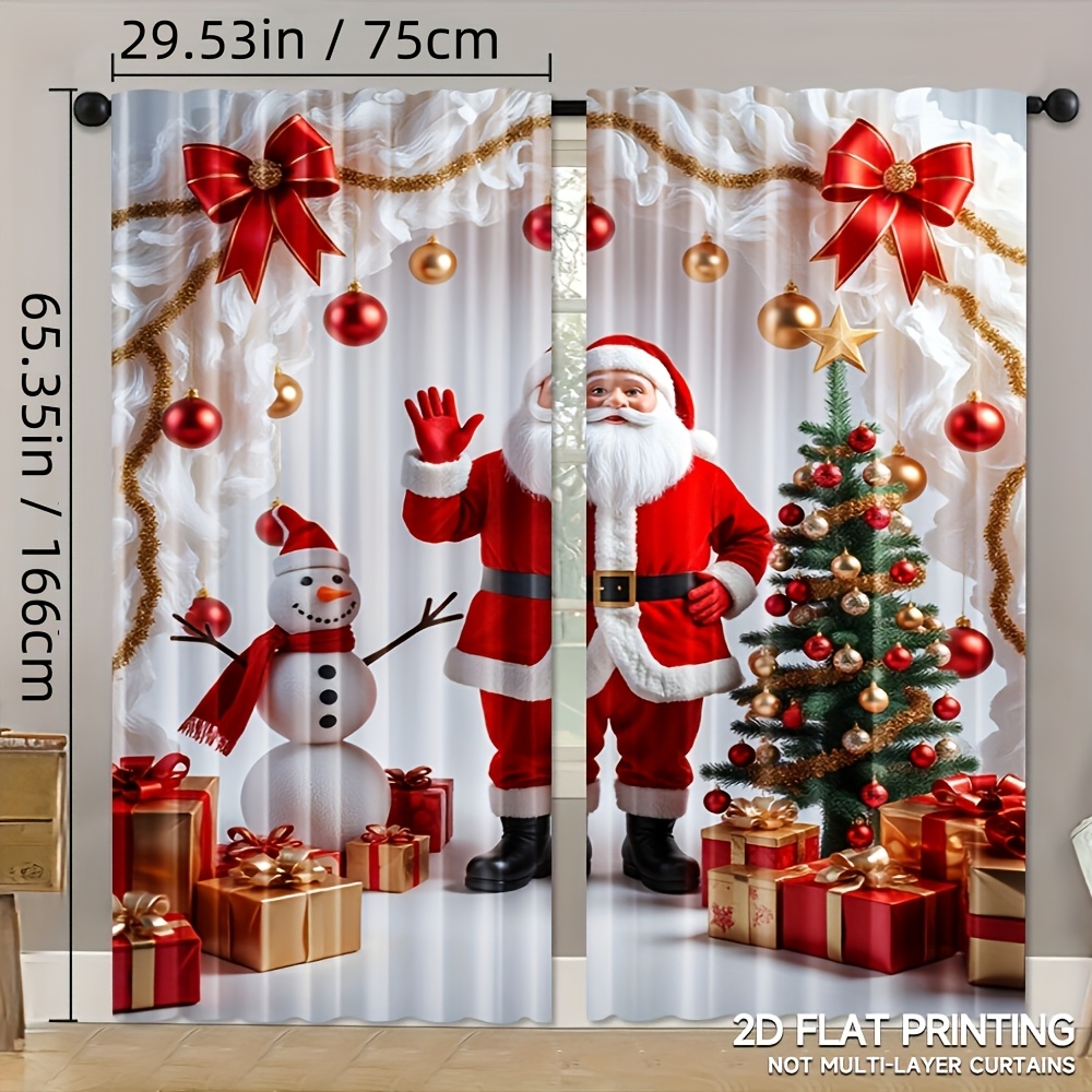 TEMU 2pcs Christmas Curtains - Santa Claus And Snowman Print, Red And Golden Holiday Decor, Semi- Filtering Polyester Curtains, Rod Not Included,