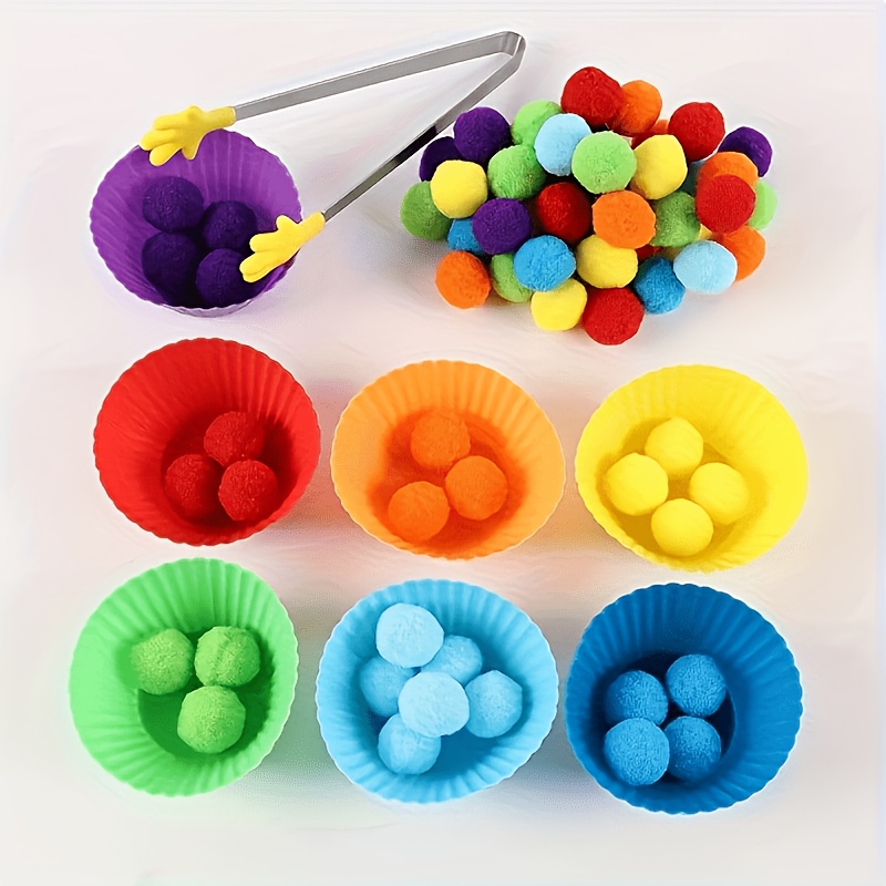 78pcs fine motor skills     7   sorting bowls tweezers and 70 colorful pom poms beads sensory learning counting matching tactile play therapeutic educational kit random colors