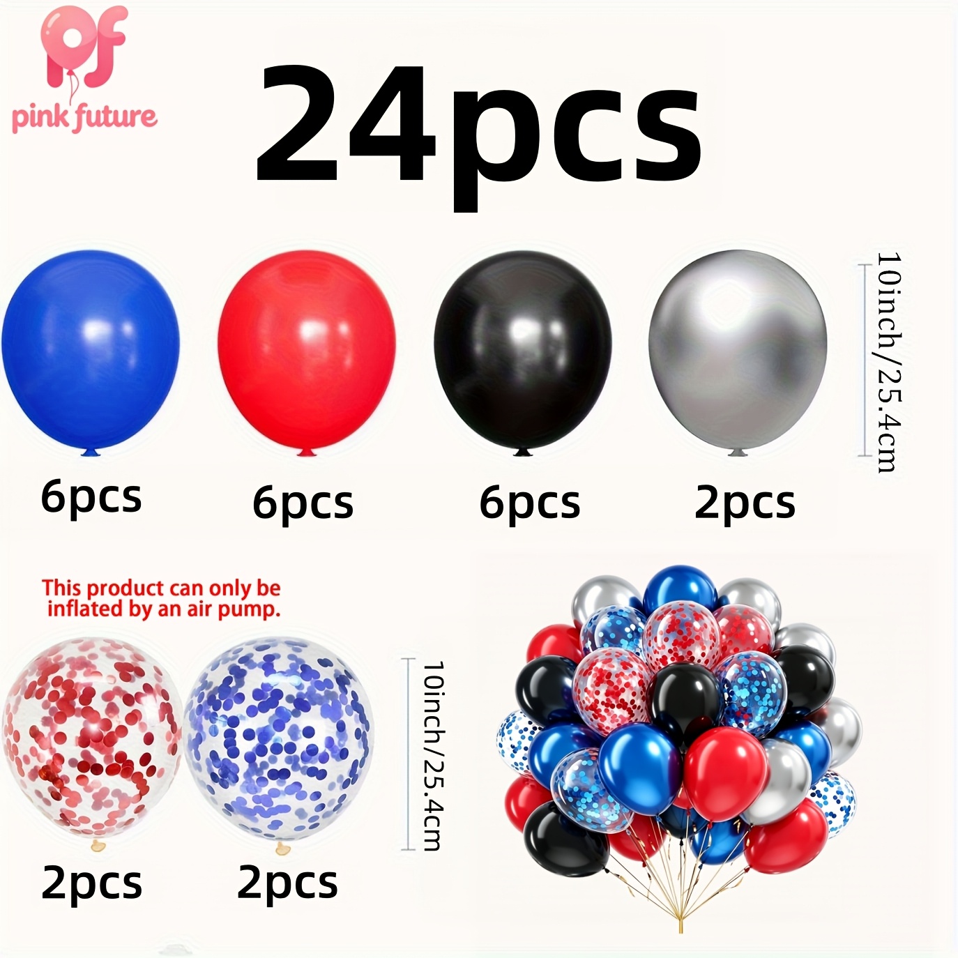 TEMU 24pcs Of Red, Navy Blue, Black, Metallic Silvery, Red And Blue Glitter Latex Balloon Set, Party Balloons, Suitable For Graduation Season,
