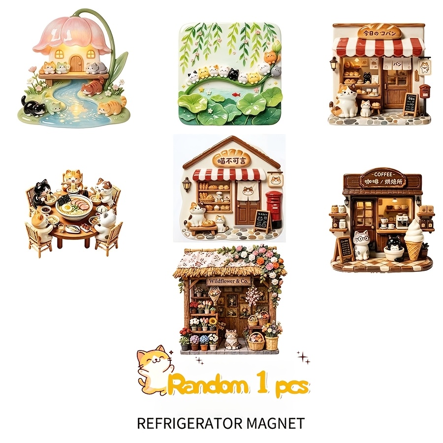 TEMU Random 1pc Cartoon Kitten House 3d Fridge Magnet, Relief Resin Strong Magnetic Fridge Decor, Affordable Souvenir