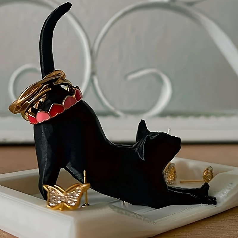 

Black Cat Jewelry Holder - Cute Desktop Ring Stand With Golden Accents, Ideal For Engagement & Wedding Rings, Bridal Gift, Cat , Plastic, No Power Needed, ,