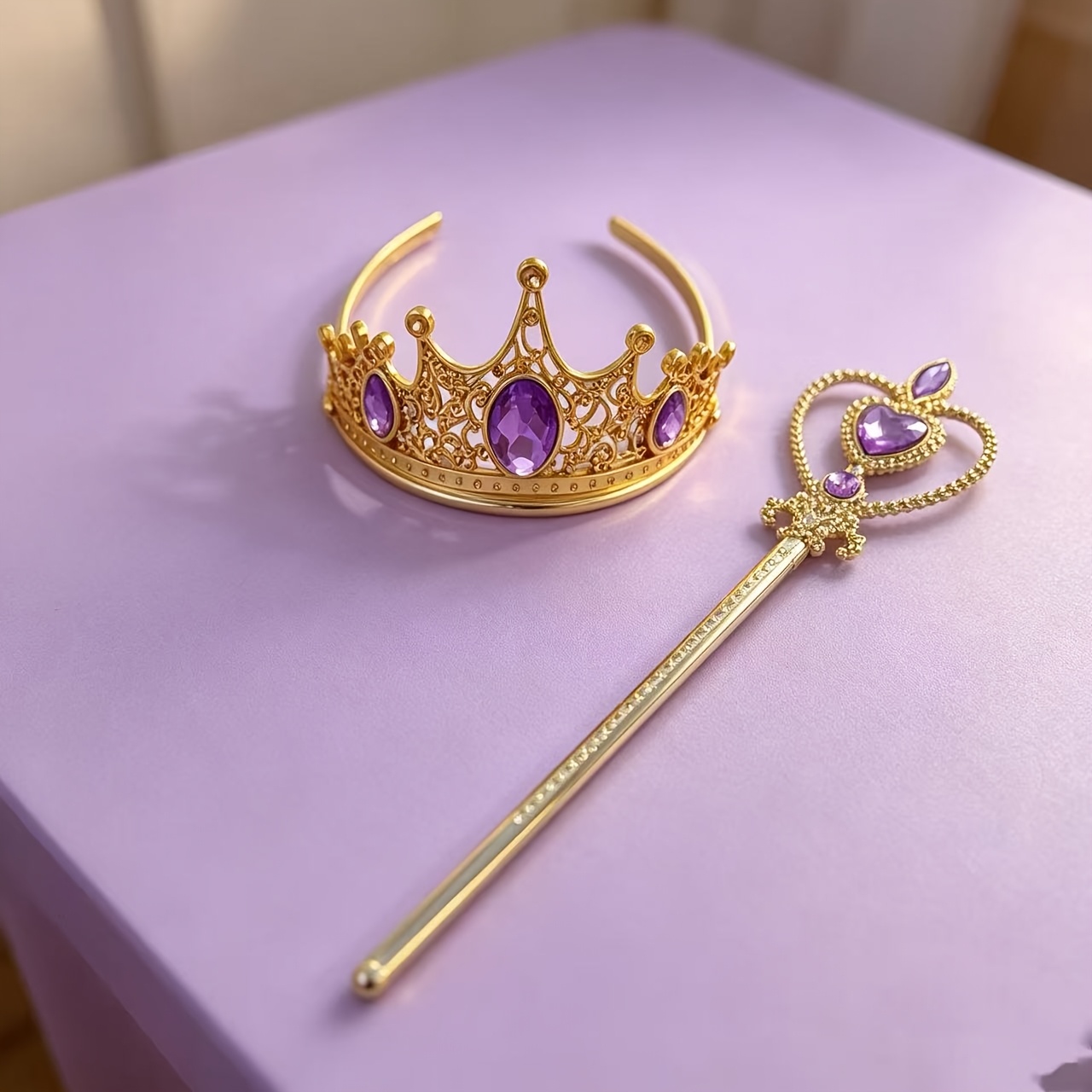 4pcs Golden Gemstone Crown Headband and Heart Magic Wand Set