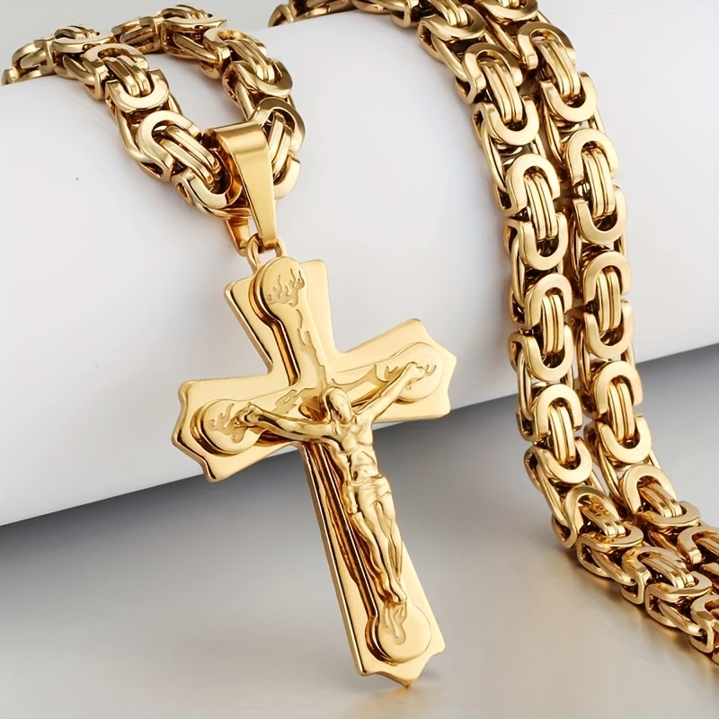 Herren 304L Edelstahl Byzantinische Kette mit goldenem Kreuzanhänger – Langlebiger religiöser Schmuck für Freizeit- und formelle Anlässe, großes Kreuzkettchen, elegantes Design, hochwertige Beschichtung, Geschenkidee