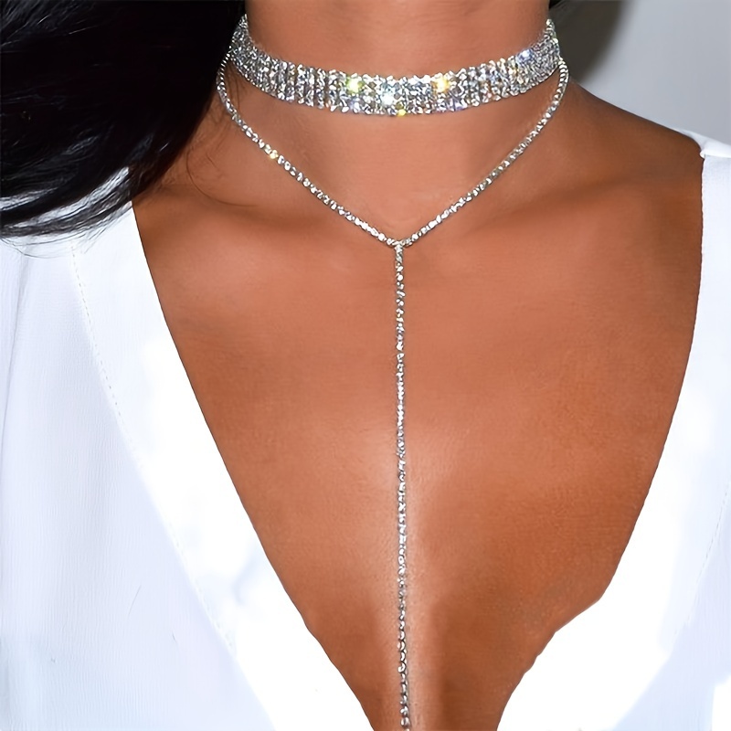 

Fashionable Multi Layer Rhinestone Necklace Choker For Women Statement Artificial Crystal Y Shape Necklace Tassel Long Neck Jewelry Gifts For Eid