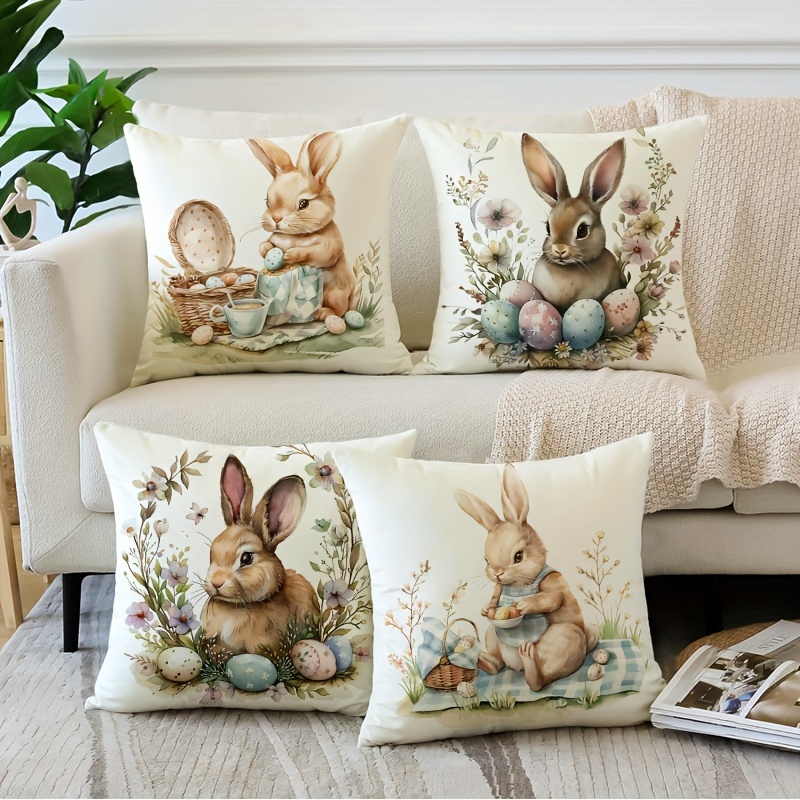 

Vintage Floral Bunny 4pcs Throw Pillow Covers Set - 18x18 Inch, Zip Closure, Machine Washable, Polyester - Spring & Easter Decor