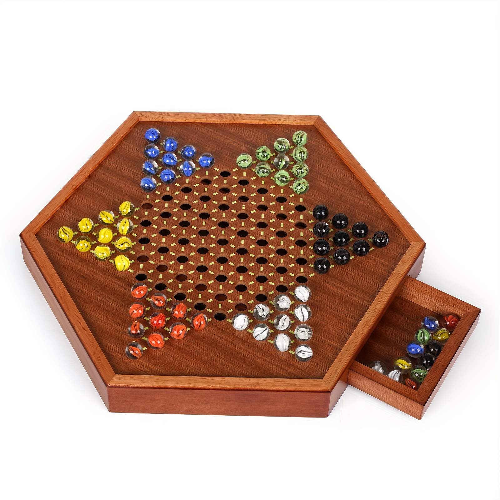 

Luxurious Large 15-inch Chinese Set - Premium Wooden Board Game For Adults With 72 Vibrant Glass Marbles, Dual-sided Storage Drawer - Halloween Christmas Gift