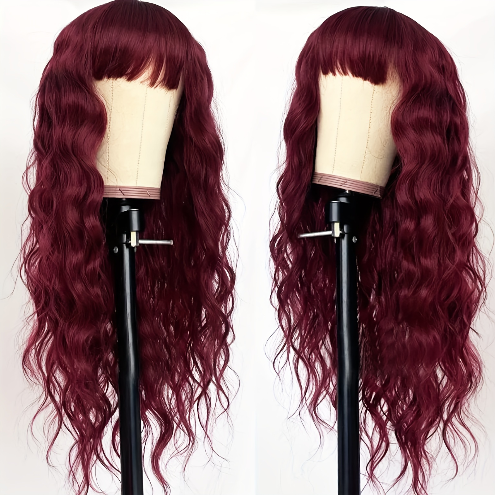 TEMU 99j Burgundy Body Wave Wigs With Bangs Glueless Full Machine Made Synthetic Heat Resistant Fiber Hair Wig None Lace Front Wig Colored Wigs