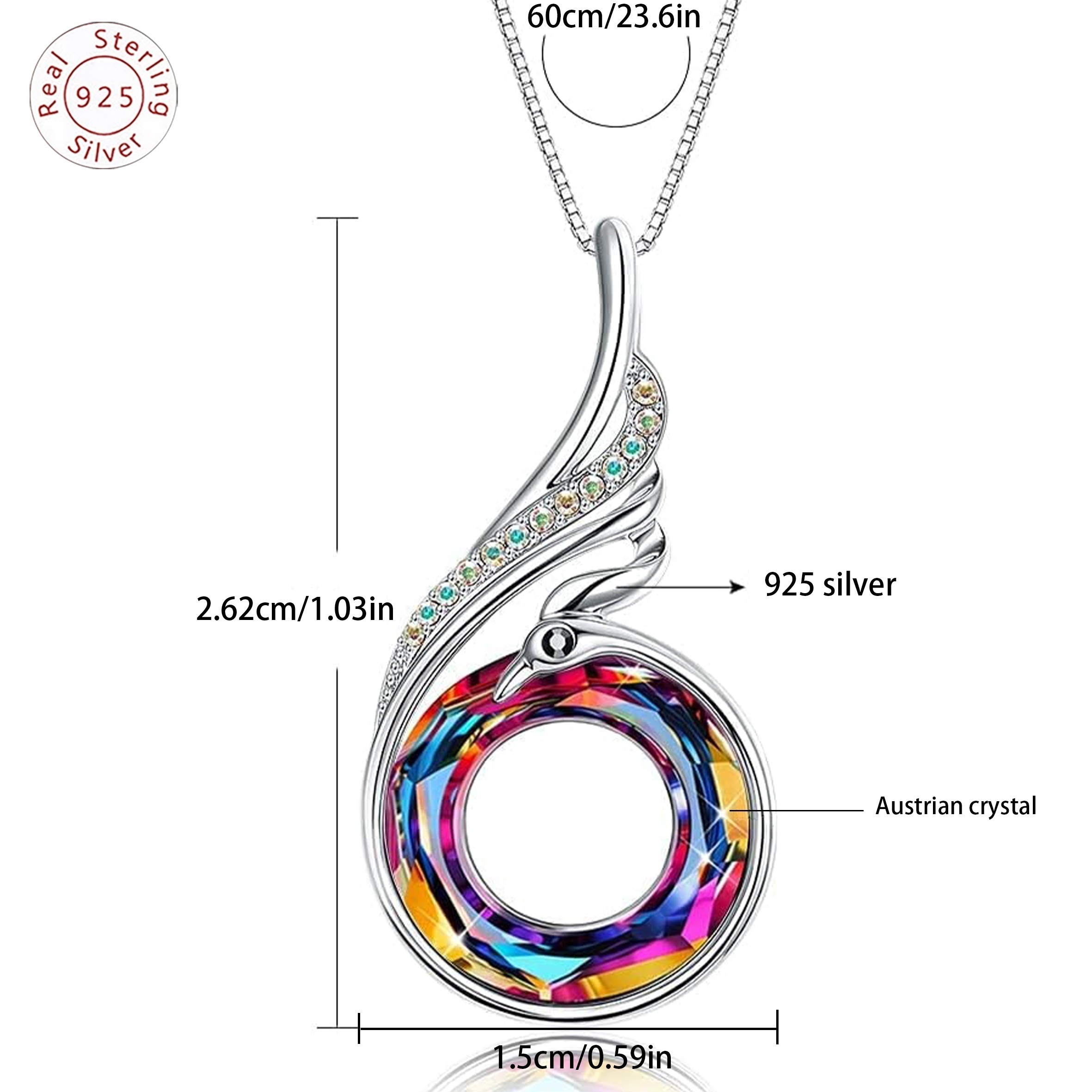 925 Silver Phoenix Round Crystal Pendant Necklace for Casual Attire