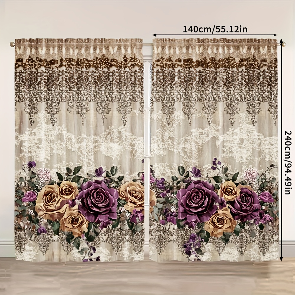 TEMU 2pcs Panels Curtain Drapes Suitable For Room Bedroom - Filter Roller-printed Window Treatments With Elegant Botanical Pattern, Modern Minimalist
