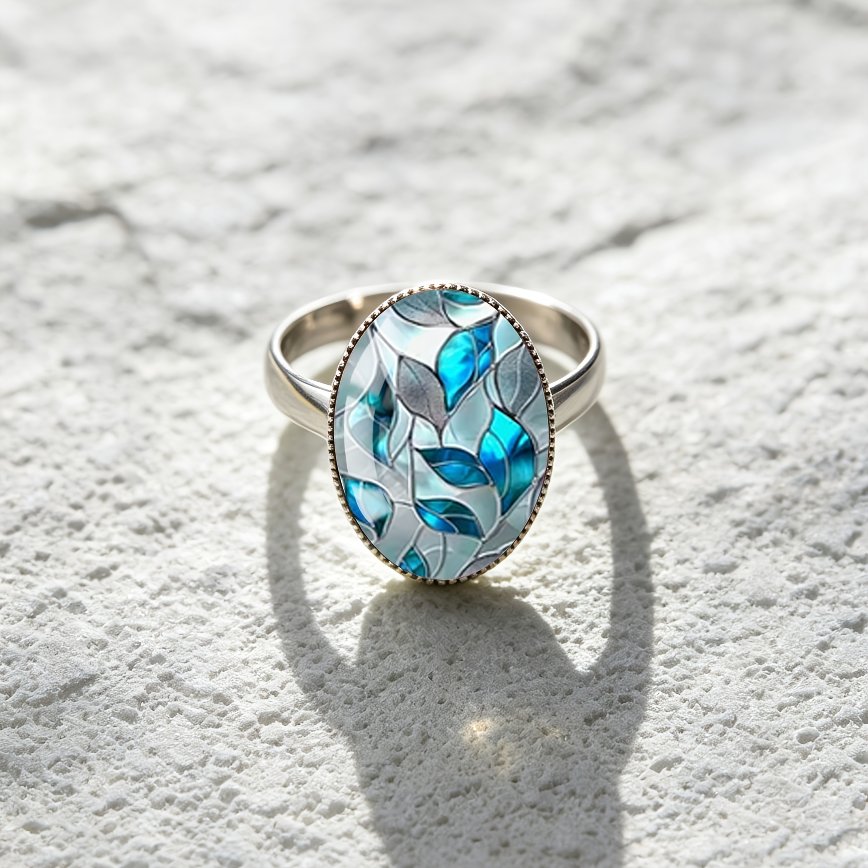 TEMU 1pc Bague Ovale Ouverte en Acier Inoxydable 316 avec Verre Convexe et Motif de Feuilles Bleues Shallow, Élégant Adapté aux Festivals de Musique