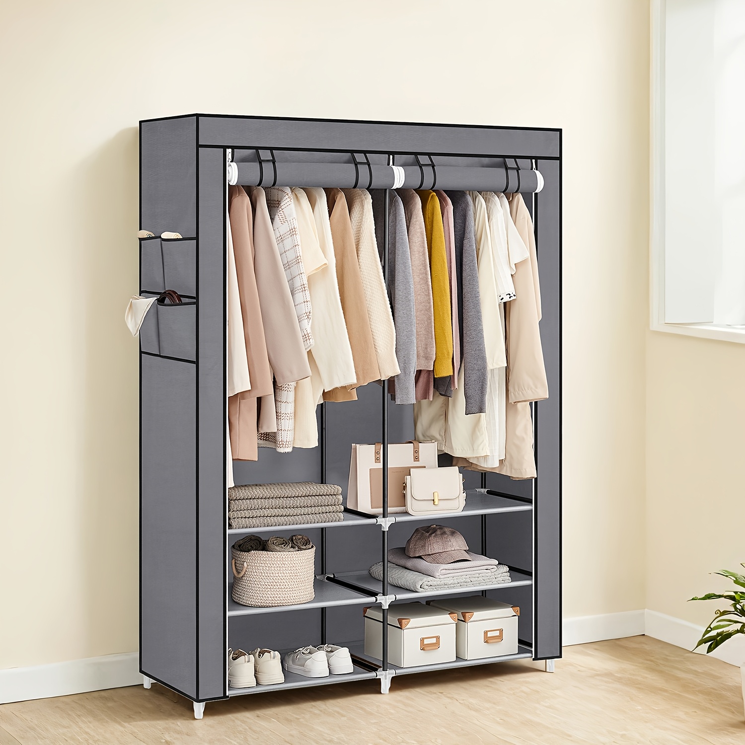 Image of Clothes Wardrobe, Portable Closet, 45 X 127 X 176cm, 2 Hanging Rails, Shelves, And 4 Side Pockets, Large Capacity For Bedroom, Living Room, Portable Closets