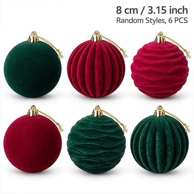 TEMU Set di 6 palline natalizie in velluto da 8 cm/3,15 pollici, colori e verde, stili casuali, palline decorative per albero di Natale, adatte per