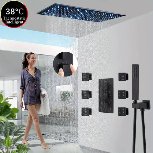 1set thermostatic shower system 16x32 inch led high pressure shower head bathroom luxury shower system combo set with handheld sprayer 6x message body rough in body and trim bathroom accessories matte black
