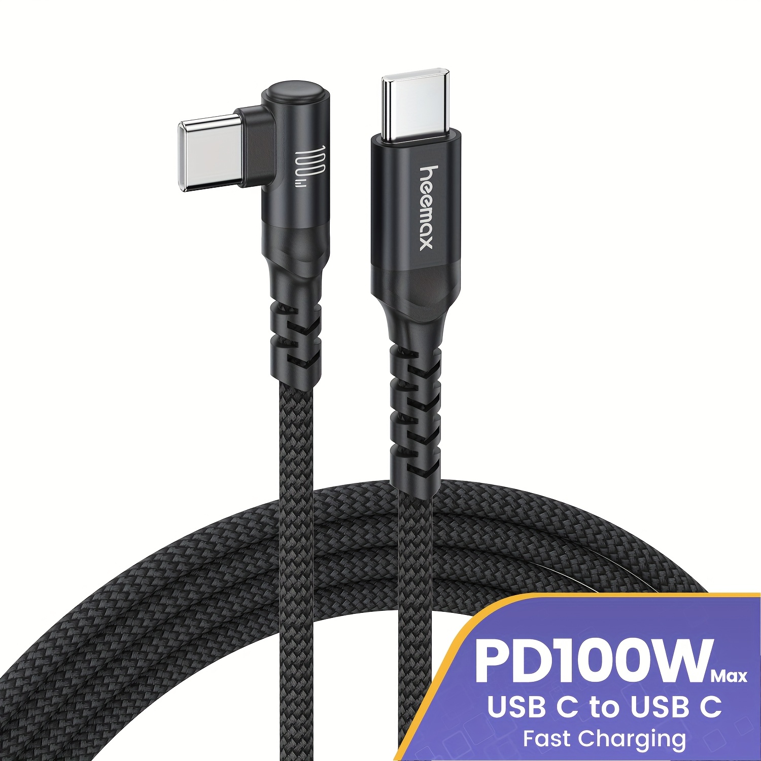 Image of 100w Usb-c Cable, Nylon Braided Usb-c To Usb-c Fast Charging Right Angle Usb-c Charger Cord For Iphone 16 Pro Max/15, S25 Ultra/s24, Ipad Pro, Macbook