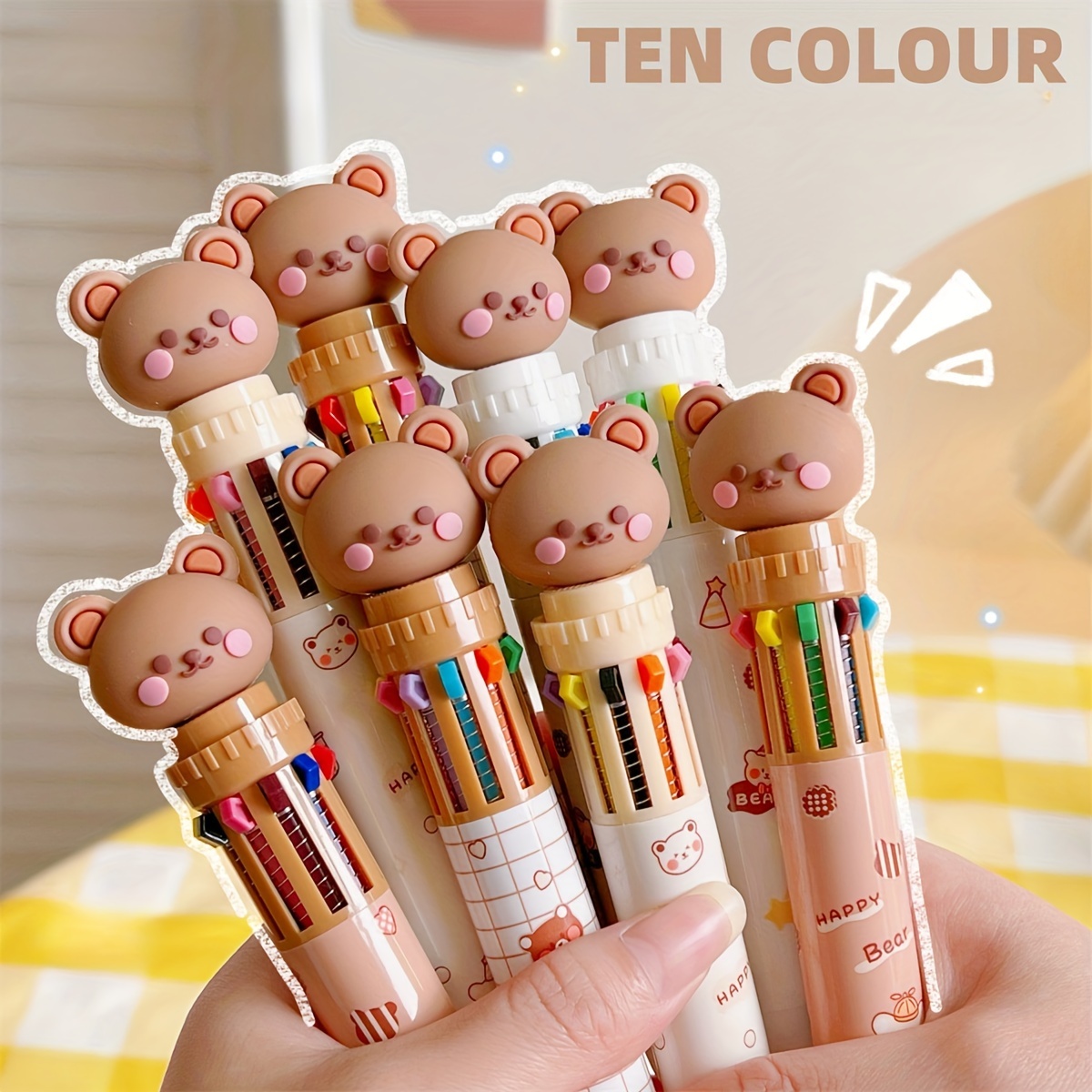 

8pcs 10 Colors Cartoon Bear Press Ballpoint Pen, Press Type Multicolor Pen, 10 Colors Quick-drying Press Signature Pen, Writing Tools