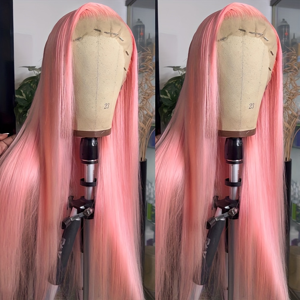 

13*4 Inch Pink Straight Lace Front Wigs For Women 13*4 Inch Deep Part Space Synthetic Heat Resistant Fiber 26 Inch Preplucked Hairline Glueless Lace Wigs For Daily Use