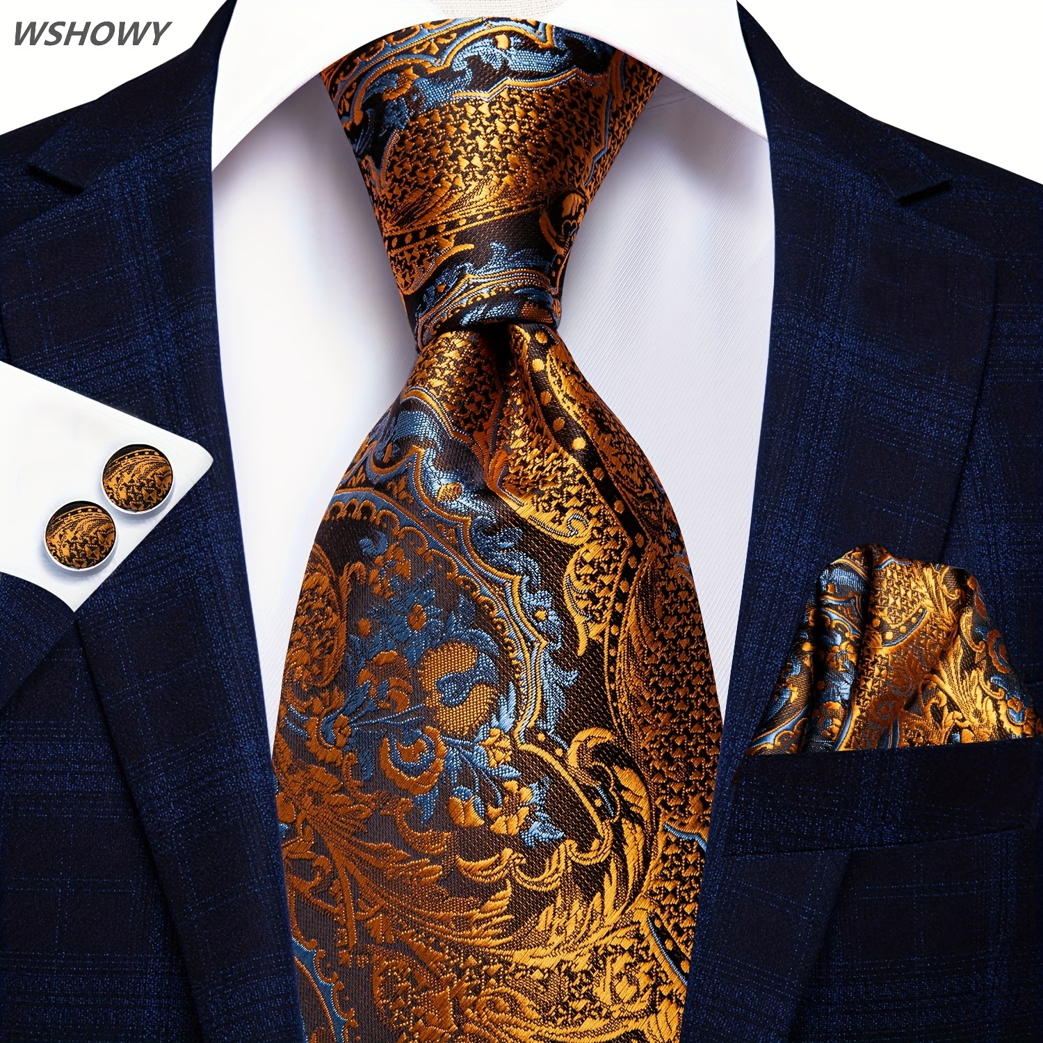 

Extra Long 160cm Golden Piasley Luxury Mens Silk Tie Set Wedding Formal Necktie Hankerchief Cufflinks Event Set