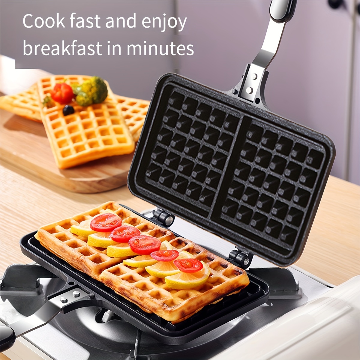 

1pc, Thickened Material Double-headed Waffle Baking Pan Household Quick And Convenient Breakfast Pan Mold High-quality Smooth Handle Gas Stove Compatible Simple And Easy To Wash