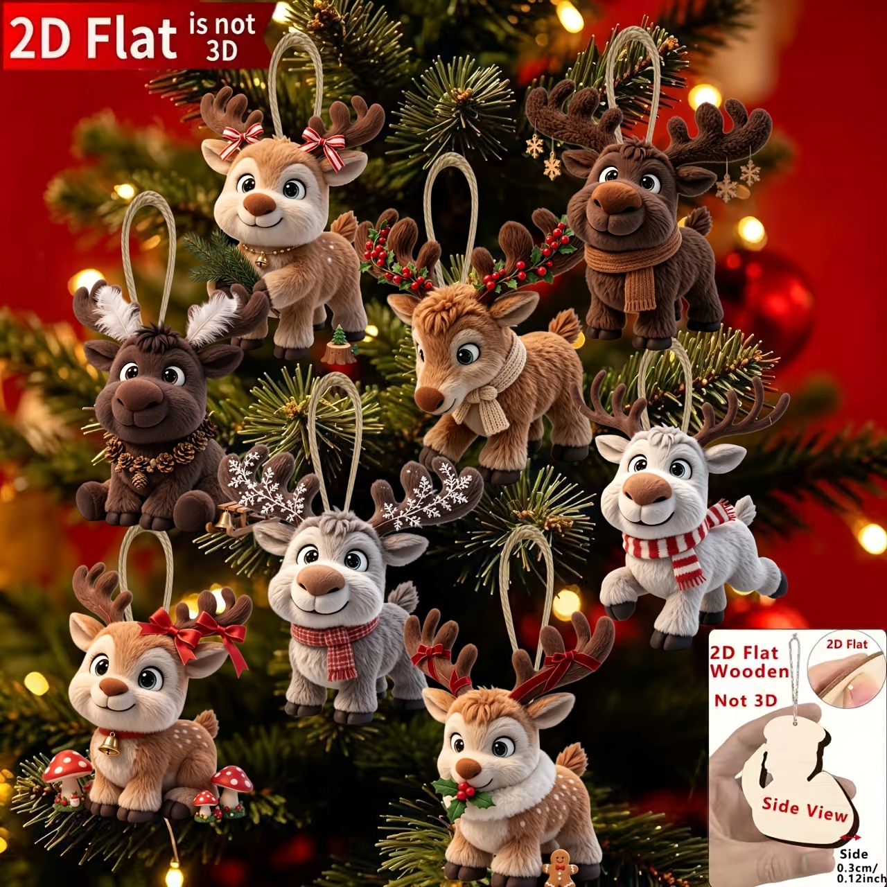 TEMU 2d Flat, 2d Flat 8pcs Cute Reindeer Christmas Ornaments, Classic Holiday Element Printed Design, An Excellent Choice For Christmas And New Year