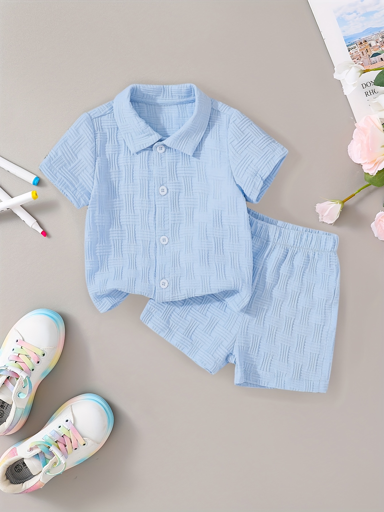 Short Sleeve Baby Boy Blue Button Up Shirt Baby Boys Two-Piece Set
