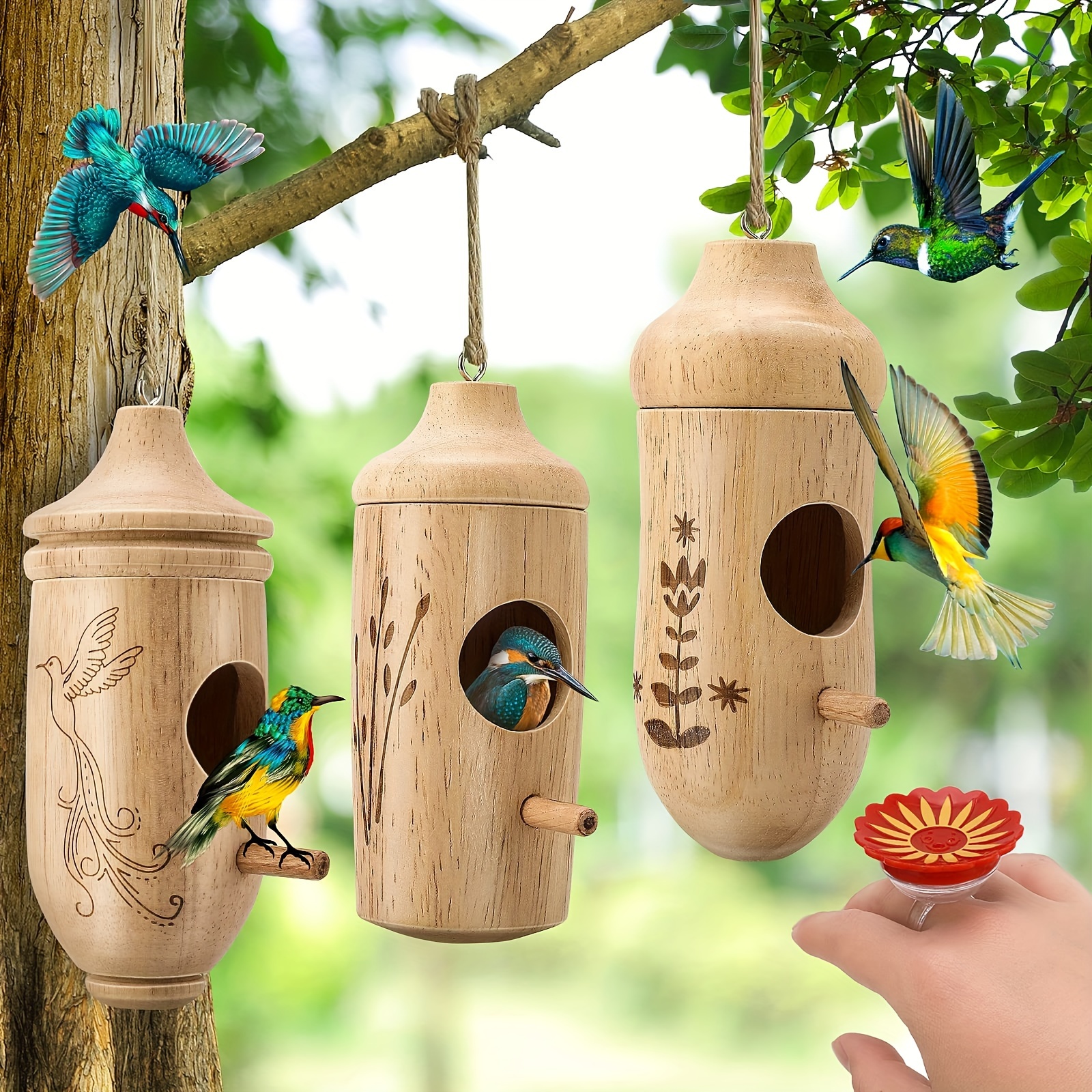 

Bird Houses With Hummingbird Ring Feeder (red), Wooden , Outdoor Hanging Bird Houses, Gifts For Bird Lovers, Gardening Gifts