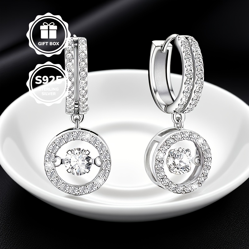 s925 silvery plated sticker earrings   dancing cubic synthetic zirconia pendant earrings ladies shiny circular   cz pendant earrings clear fashionable jewelry daughters mothers birthday party gift Product details 3