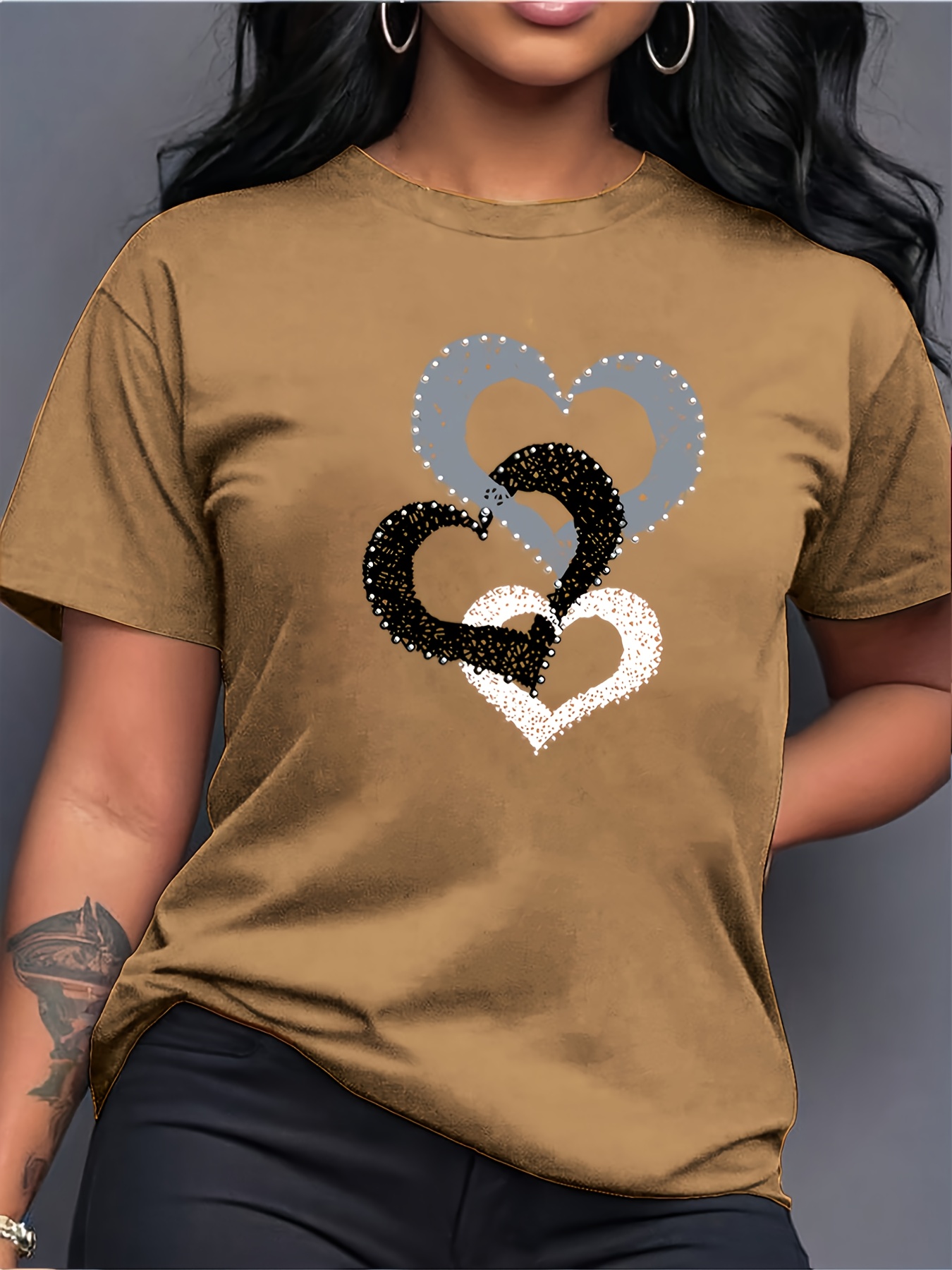 T-shirt Cœurs Femme Col Rond T-shirt pour femme à col rond et manches courtes, décontracté, sportif et tendance, avec imprimé graphique de lettres