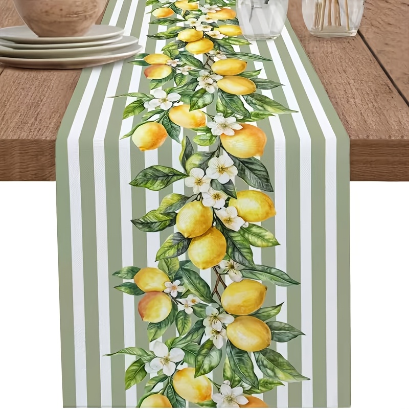 E-shop Leinen-Tischläufer mit Sommer-Zitronen-Frucht-Blumenmuster, Schminktisch-Schal-Dekoration, grün-weiß gestreifte Tischdecke,