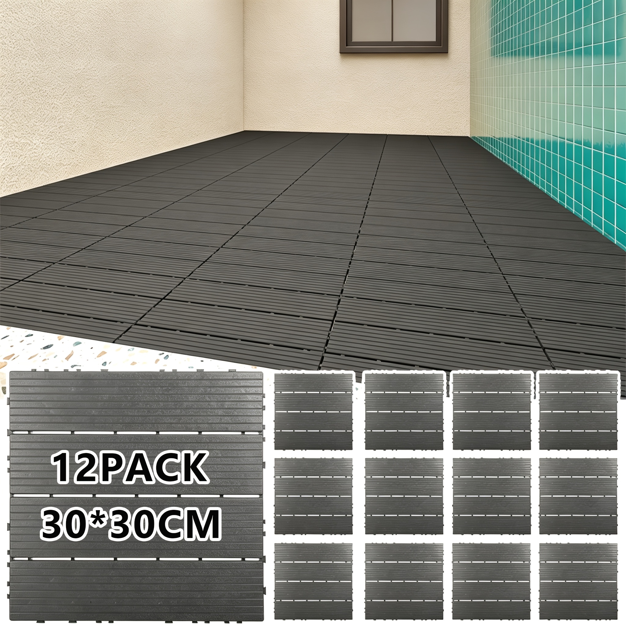 TEMU 12/24pcs (pack) Interlocking Deck Tiles Suitable For Indoor/outdoor Use, Pvc Waterproof Flooring With Anti-slip, Click- Installation,