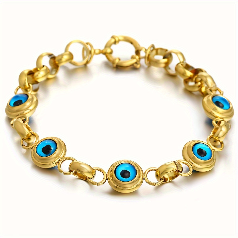 

Men' Blue Eye Charm Bracelet - Stainless Steel, Resin Inlay, Fashion Accessory & Gift Idea