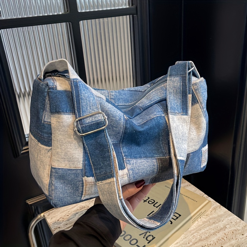 

Sac à bandoulière en denim bleu à carreaux, sac à bandoulière décontracté en denim, sac à oreiller polyvalent en toile