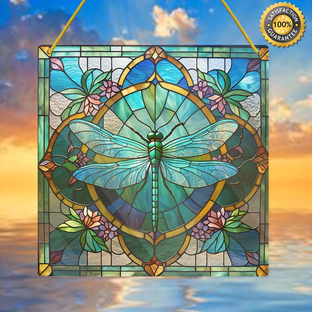 

20cm/8inch Pre-drilled Stained Glass Dragonfly Window Hanger - Waterproof And Weather Resistant - Perfect For Home Decor, Garden, Patio, Or Office