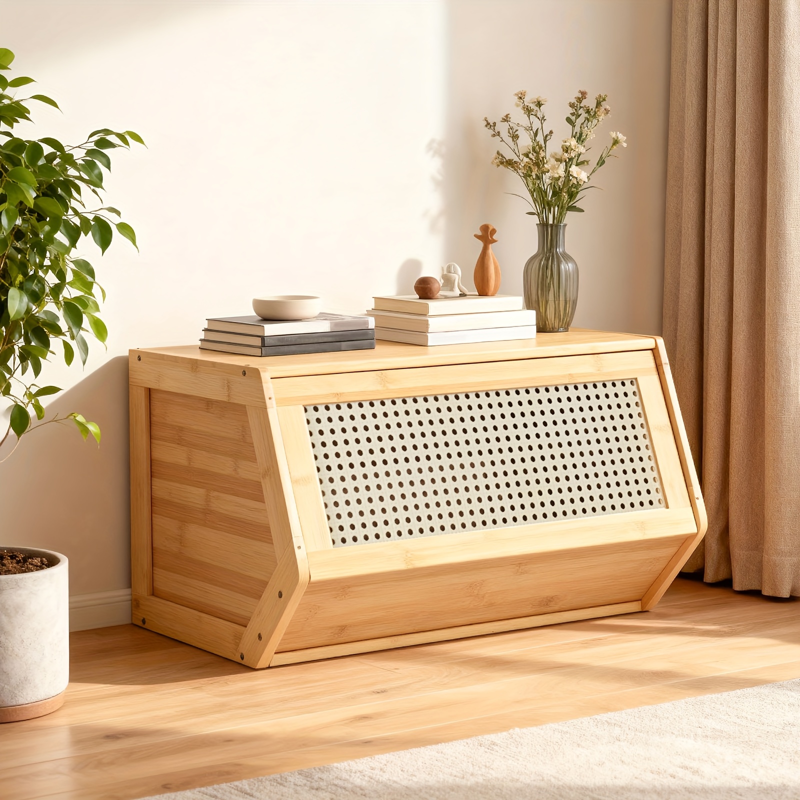 TEMU Bamboo Storage Organiser, Cabinet Organizer , With Reversible Doors, Stackable Design, For Living Room, Kitchen, Bedroom, And Study, Includes Random Colors