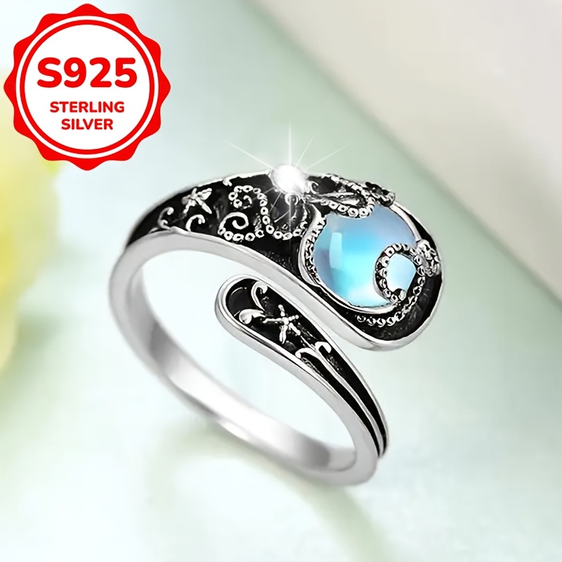 Women's S925 Silver Octopus Moonstone Adjustable Ring