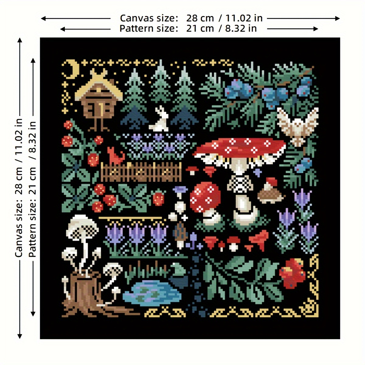 1pc Material Pack, 2pcs Patterns Optional, Mushroom Garden, 14ct Black Counted Canvas, Craft Material