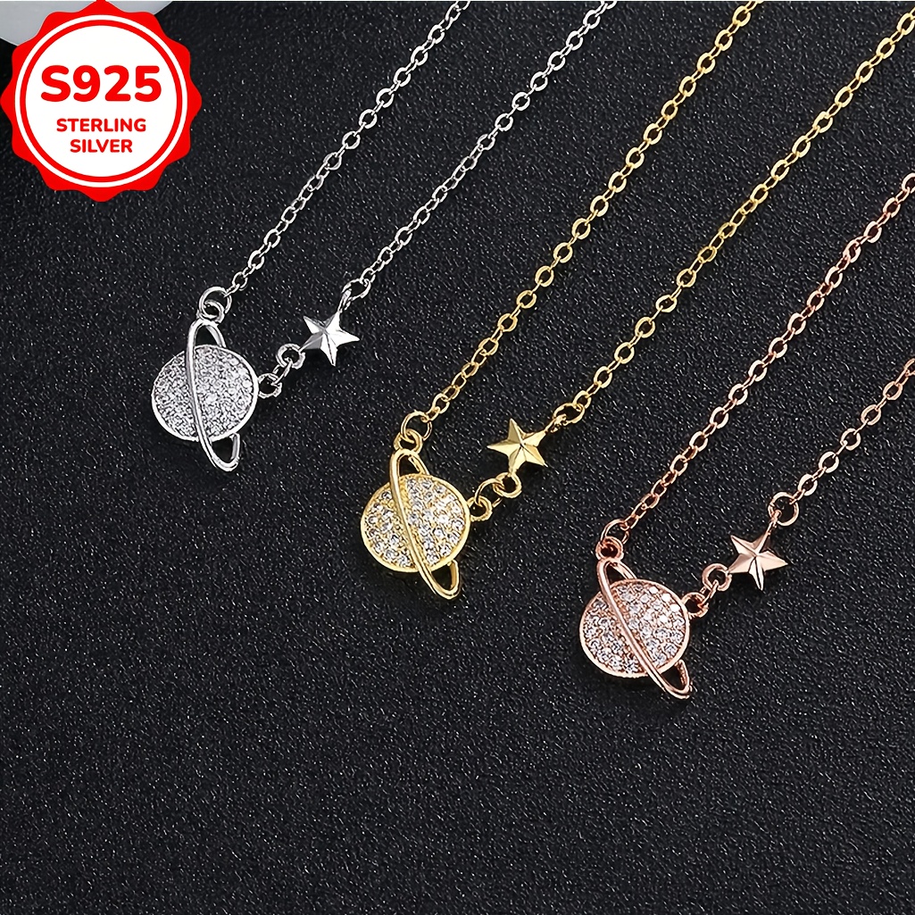 

Elegant 925 Sterling Silver Necklace - -chic Style With Cubic Zirconia Earth Pendant, Adjustable Clavicle Chain In Silver, Golden, Rose Golden - Ideal Valentine's Gift For Girlfriend Or Best Friend