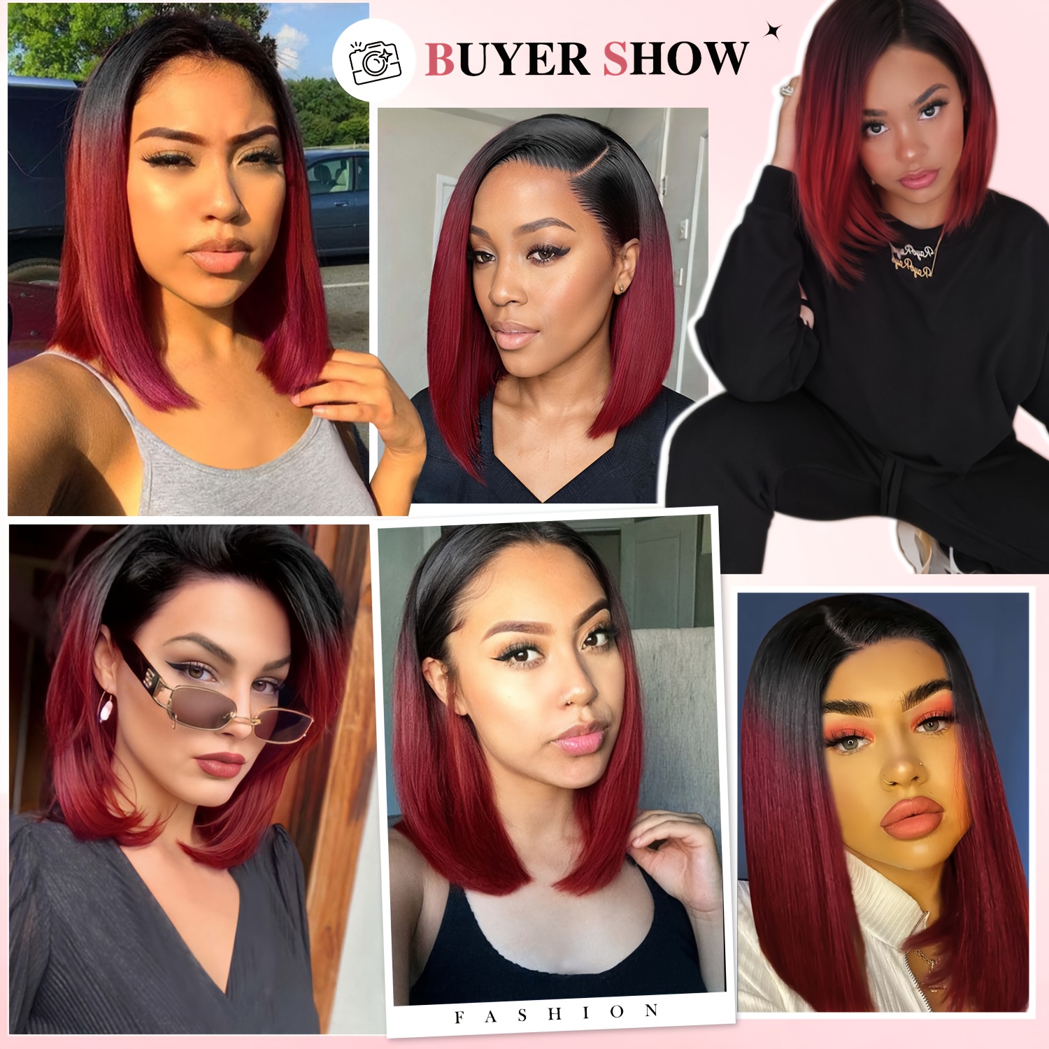 Bob wig Red burgundy wig ombré black side part 14 inches 14-inch Red Ombre Wavy Bob Wig | Small Lace Front Dark Root  main image 3