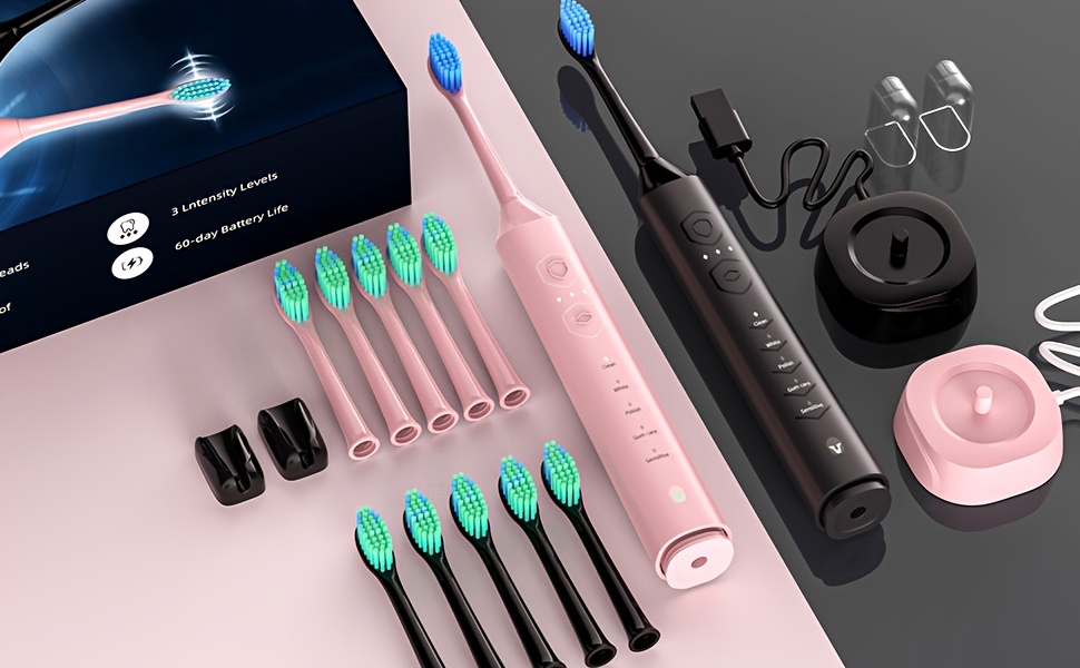 Sonic Electric Toothbrush | Rechargeable, Deep Cleaning with 5 Modes, 6 Replacement Brush Heads, USB Stand Charging, Portable, Suitable for Travel, Dormitory, Gift, Black, Pink, Blue, Gift for Parents, Couples