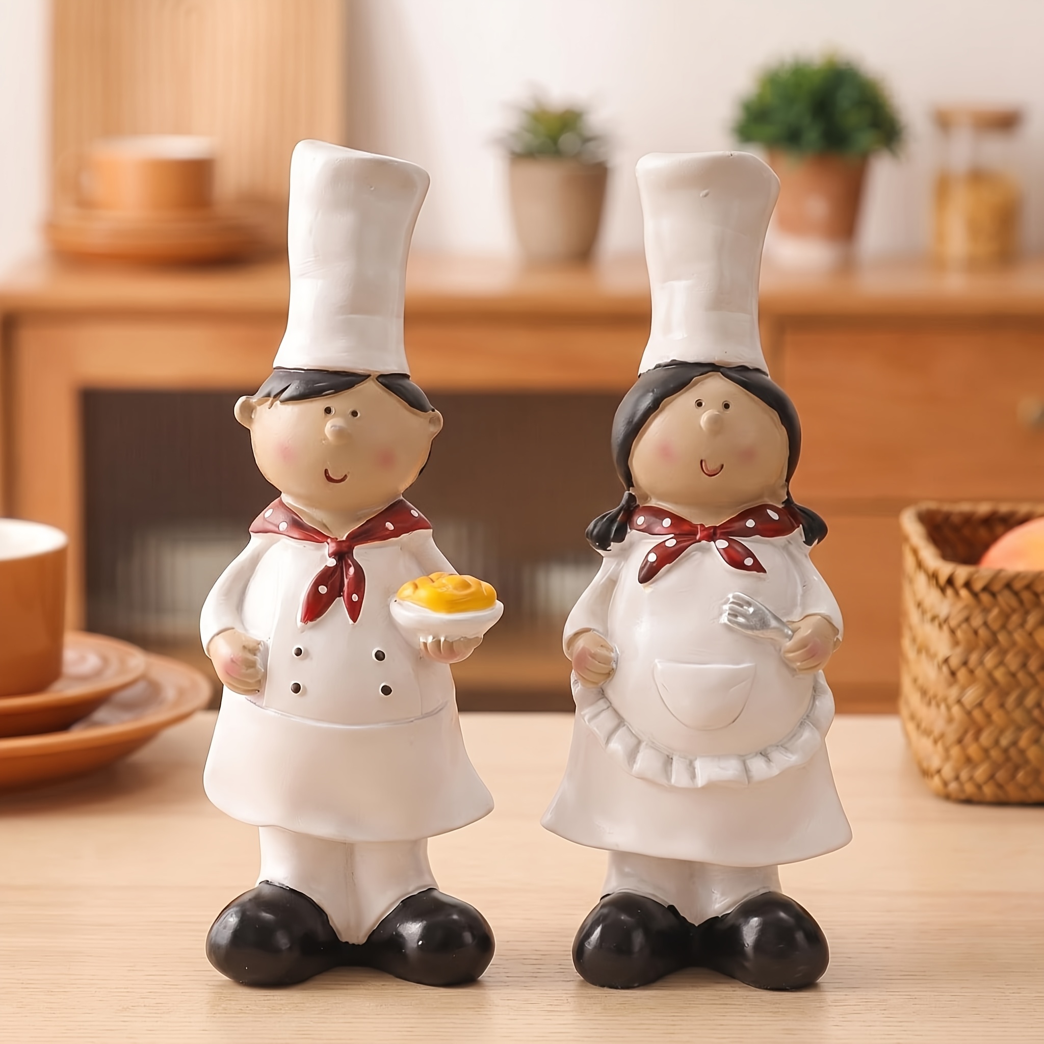 TEMU 2pcs Set Of Resin Ornaments For Male And Female Chefs, Couples, Vintage Cartoon Kitchen Figurines, Sculptures, Dining Tables, Bars, Soft