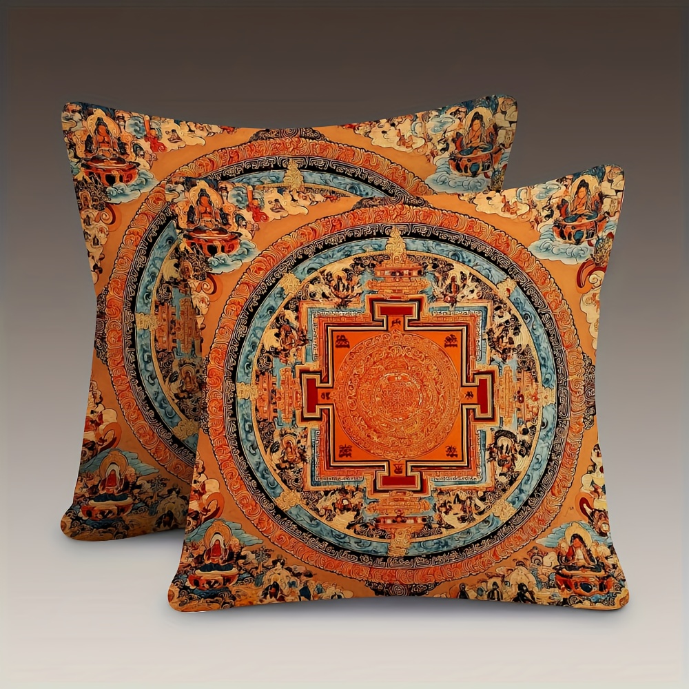 TEMU Juego de 2 fundas de cojín suaves de cara de 18x18 pulgadas, Thangka de un mandala tibetano, con ilustraciones detalladas, aptas para sofás,