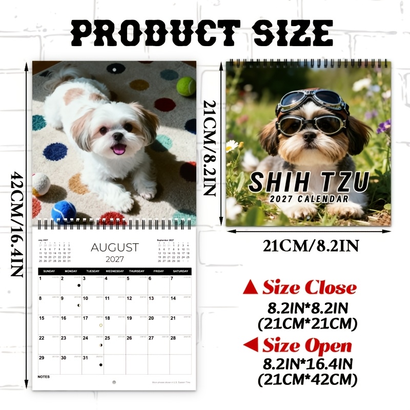 TEMU 2027 Cute Shih Tzu Fold Wall Calendar Planner, 12-month Large Layout, Monthly Photos & Closure, For Home, Office, Daily Plan, Ideal Christmas &