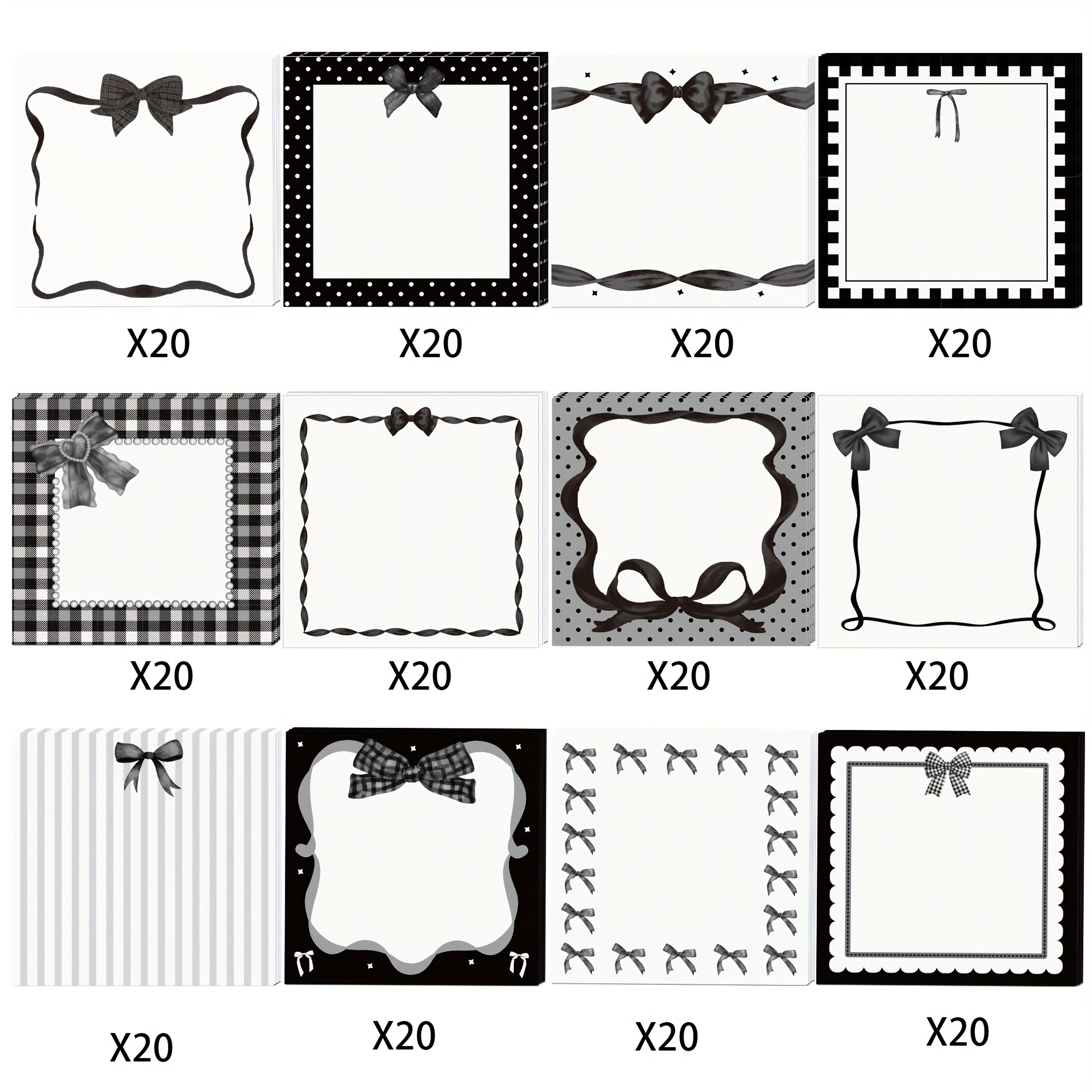 TEMU 12pcs(240pages) Black Bow Theme Square Sticky Notes Self-adhesive Writing Memo Pads For School Stationery Birthday Party Supplies