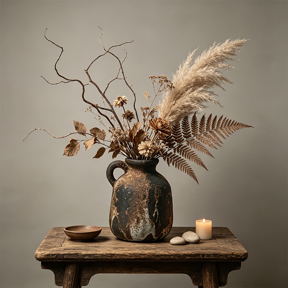 TEMU Vase - Vintage en Terracotta avec Poignée, Texture d'Art Mouchetée Fabriquée à . Parfait pour , la , le Meuble TV ou avec Fleurs Séchées,
