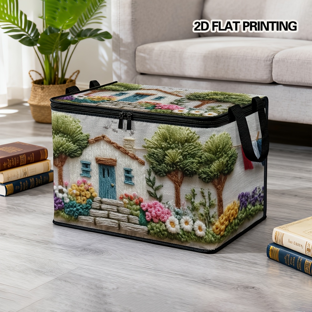 Image of 1pc Large Foldable Zippered Storage Box, 2d Embroidery Style With Rustic Cottage, 3d , Colorful Flowers, Pastoral , And Stone Staircase Patterns, Printed Design. Ideal For Travel, Packing, Clothing